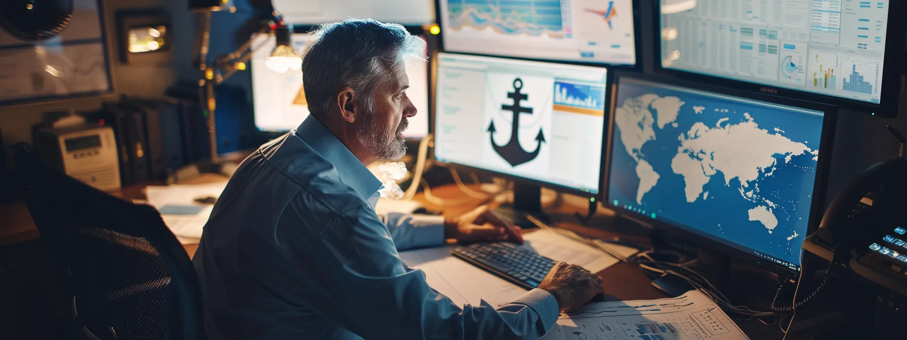 a businessman at a desk surrounded by computer monitors and documents, typing on a keyboard with a large anchor in the background symbolizing stability and efficiency in proposal management software.