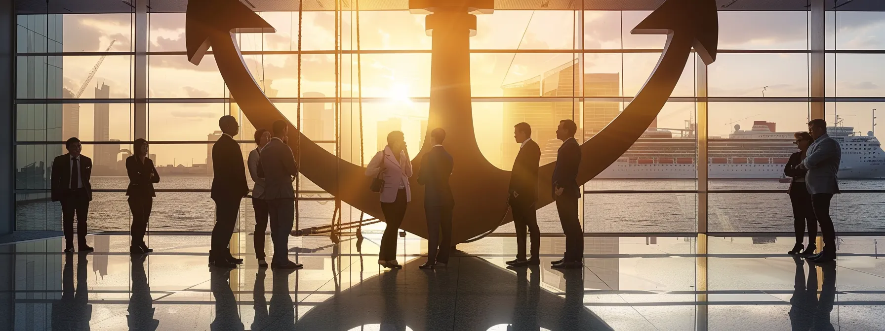 business professionals gathered around a large anchor symbol, discussing the benefits of integrating proposal management software with other key business systems.